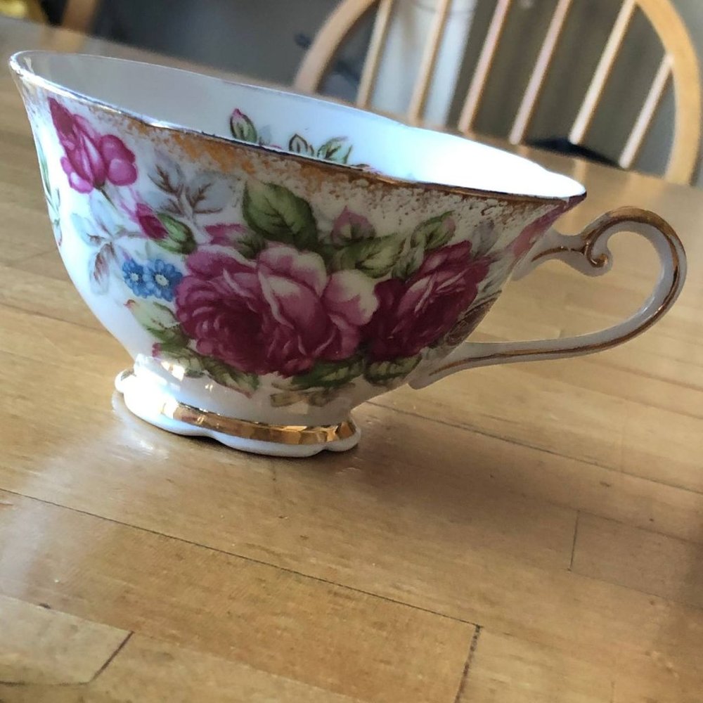 Bone China Tea Cup Gold Trim Roses Lusterware Footed